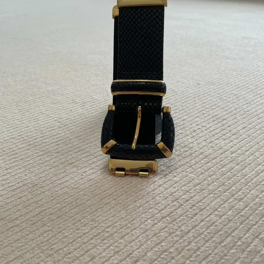 Womens Black Leather Dress Belt With Gold Accent Links